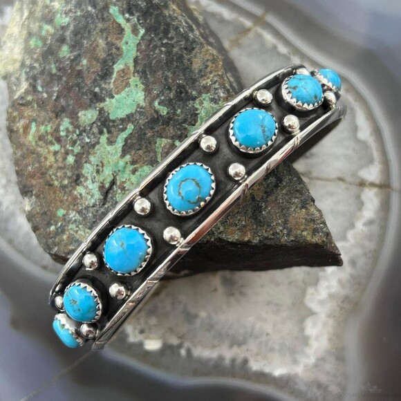 Reed Charley Native Americn Sterling Silver Turquoise Row Bracelet For Women - Picture 1 of 10